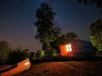 Little Orange Yurt exterior at night