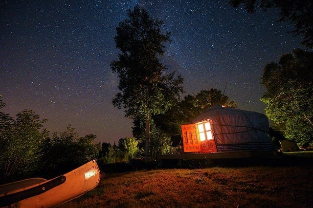 Little Orange Yurt exterior at night