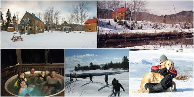 Photo Collage: Cabot shore chalet exteriors in winter. Group in hot tub. Group snowshoeing. Woman sitting with dog in the snow.