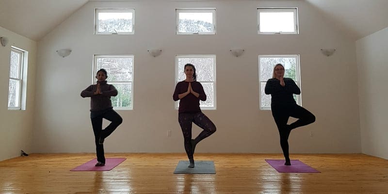 Three people doing a standing yoga pose.