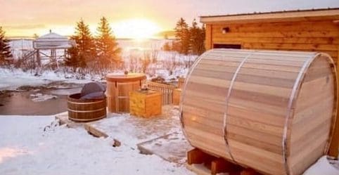 Experience The Wilderness Wellness Spa at Cabot Shores Barrel sauna and outdoor hot tub, wellness spa