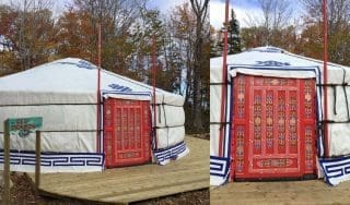 two exterior photos of a Mongolian style yurt