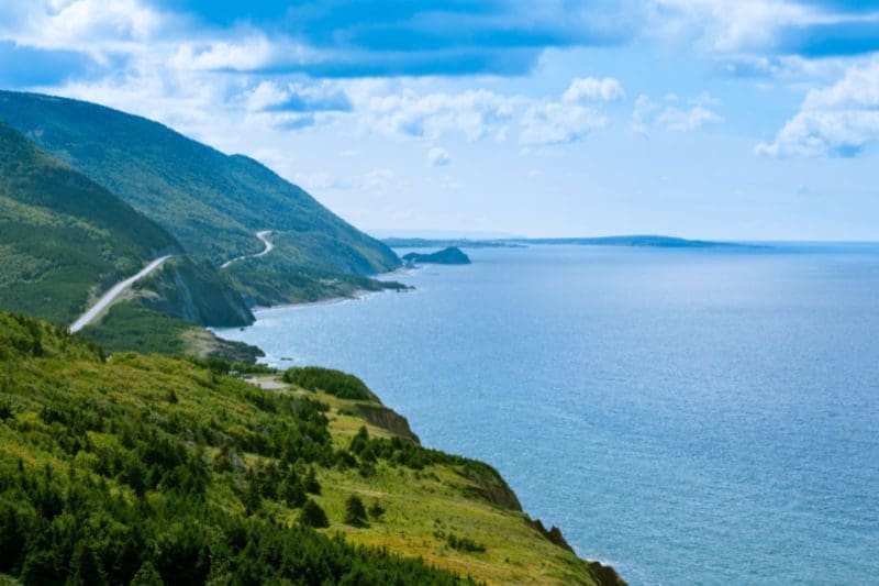 An aerial view of the world-famous Cabot Trail on Cape Breton Island.