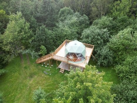 Cabot Trail Accommodations: An aerial view of a geodesic dome for glamping on Cape Breton Island.