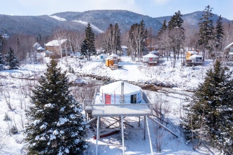 Winter Glamping: An aerial view of yurts and domes at Cabot Shores.