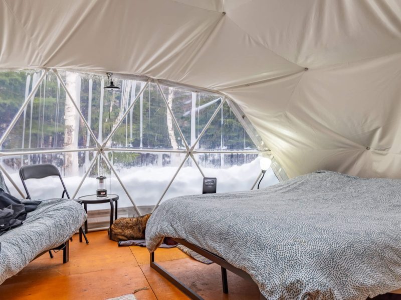Packages-Seasonal-Winter Glamping Nova Scotia: An interior view of a geodesic dome at Cabot Shores.